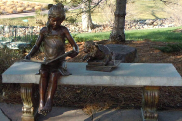 Parker Library Park girl reading book statue